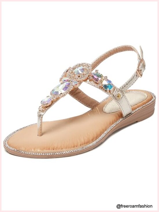 Shoes - Rhinestone T-Strap Flat Sandals Adjustable Ankle Strap PU Leather